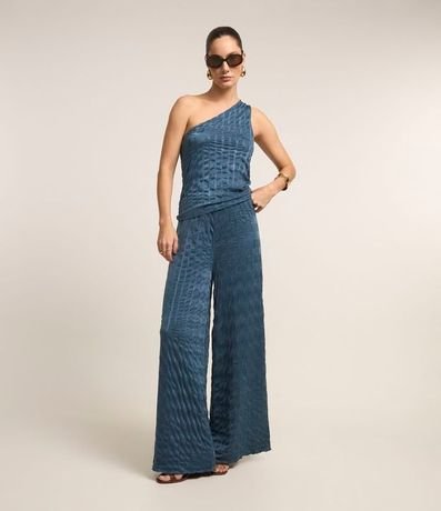 Pantalón Wide Leg Cintura Alta Texturizada con Cintura Elástica