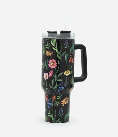 Vaso en Metal con Estampa de Flores Coloridas con Asa y Pajita