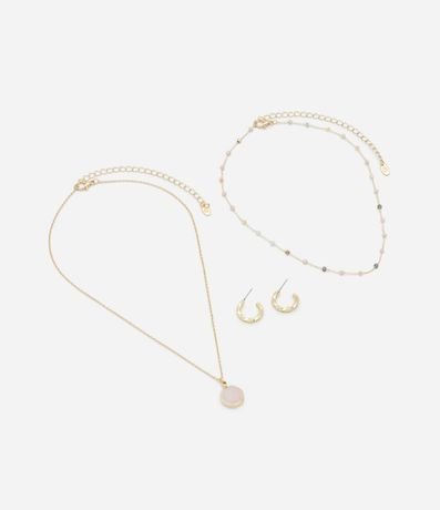 Conjunto de Collar Doble y Caravana Aro con Piedras Aplicadas