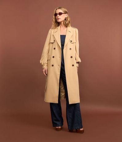 Trench Coat en Gabardine con Manga Abullonada y Cinturón con Lazo