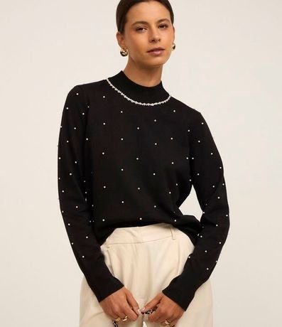 Suéter de Punto con Cuello Alto y Aplicación de Perlas y Strass