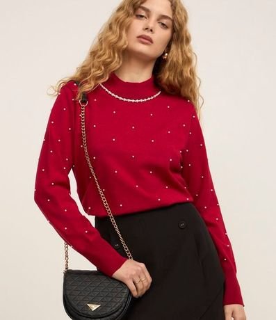 Suéter de Punto con Cuello Alto y Aplicación de Perlas y Strass