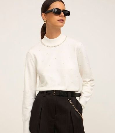 Suéter de Punto con Cuello Alto y Aplicación de Perlas y Strass
