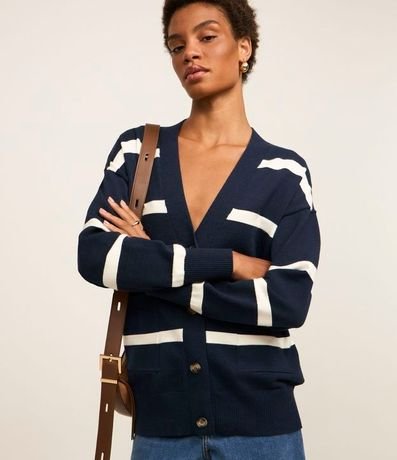 Cardigan en Punto con Abotonado Delantero y Estampado Rayado