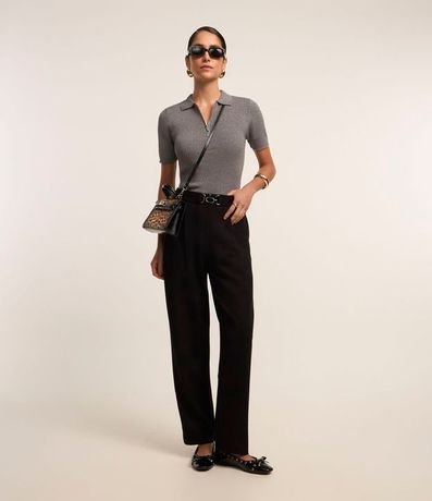 Pantalón Recto Cintura Alta con Hebilla en Ponto Roma