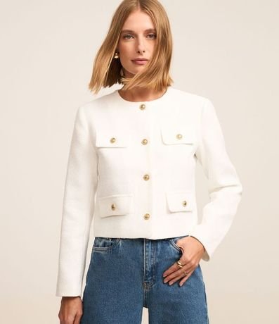 Chaqueta Tweed con Botones Metalizados y Solapas