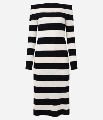 Vestido Midi de Punto Rayadp con Escote Hombro a Hombro 7