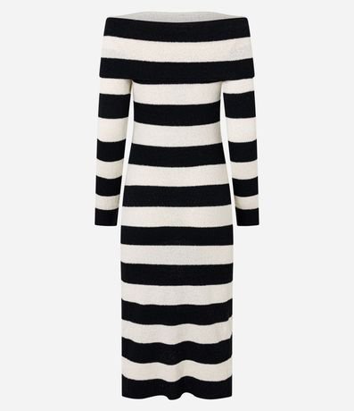 Vestido Midi de Punto Rayadp con Escote Hombro a Hombro 9