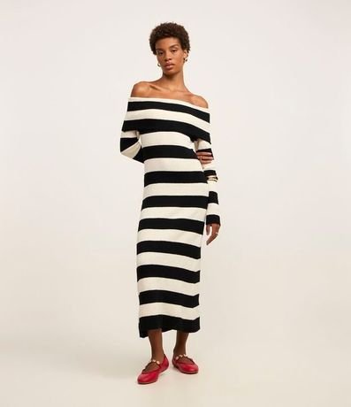 Vestido Midi de Punto Rayadp con Escote Hombro a Hombro