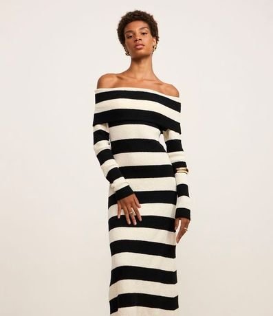 Vestido Midi de Punto Rayadp con Escote Hombro a Hombro 2