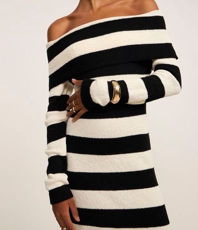 Vestido Midi de Punto Rayadp con Escote Hombro a Hombro 5