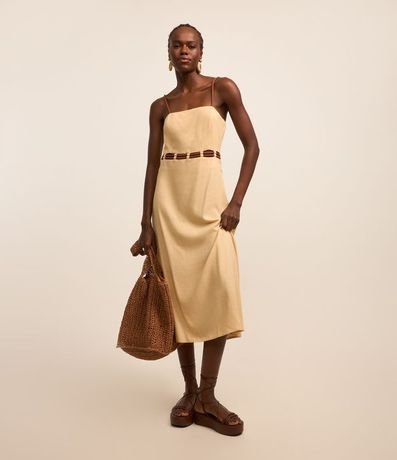 Vestido New Midi en Viscosa y Lino y Cinturón de Cuerda