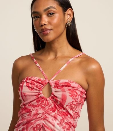 Vestido en Tul con Estampa Etnica Drapeado Delantero y Escote Gota 4