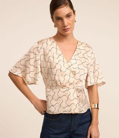 Blusa Satinada con Escote V Traspasado y Estampa Geométrico 2