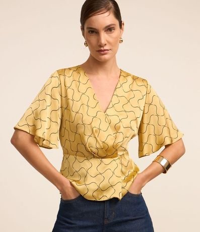 Blusa Satinada con Escote V Traspasado y Estampa Geométrico 1