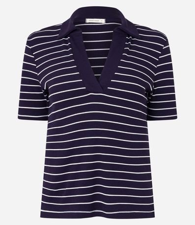 Blusa en Rib con Cuello Polo y Rayas en Hilo Teñido 5