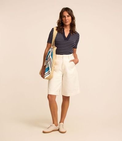 Blusa en Rib con Cuello Polo y Rayas en Hilo Teñido 2