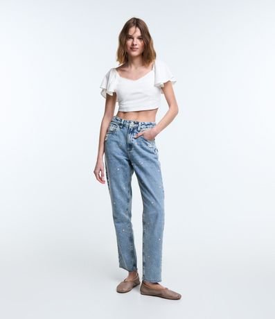 Pantalón Mom Jeans Dirty con Bordado de Flores