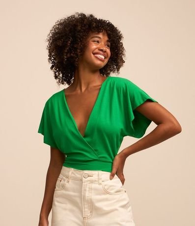 Blusa Corta Lisa en Viscose con Escote en V Transpasado 1