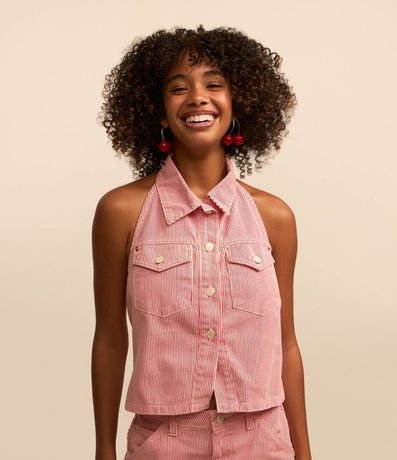 Top Frente Única en Sarga Rayada con Botones y Bolsillos