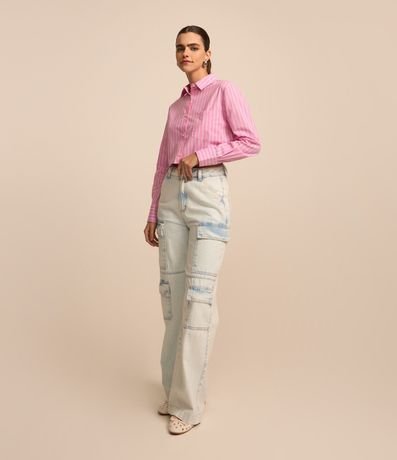 Pantalón Wide Leg Jeans con Cintura Alta y Bolsillos Cargos