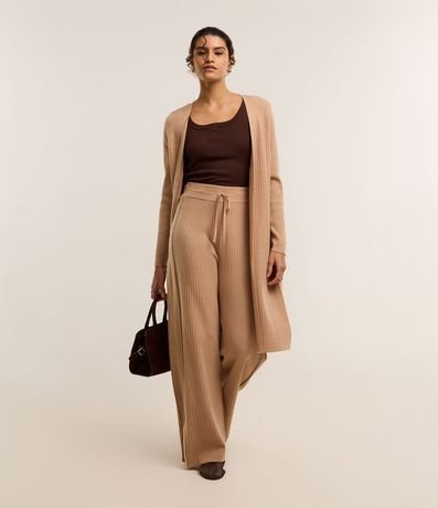 Pantalón recto Cintura Alta en Punto Canelado con Lazo