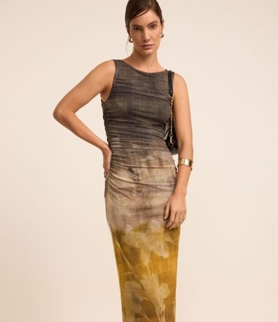 Vestido Midi en Tule con Estampa de Follaje