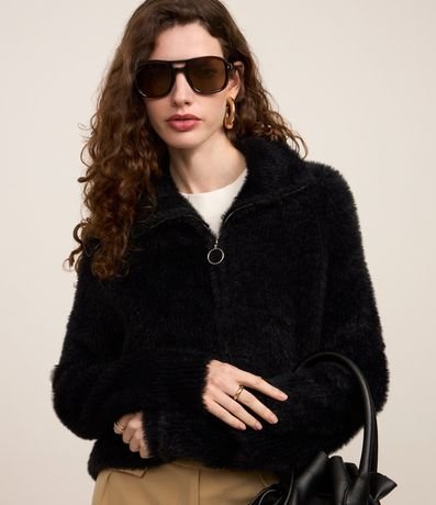 Cardigan en Punto Peludito con Cremallera Delantero