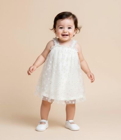 Vestido Infantil en Tule con Estampa de Flores con Purpurina - Talle 0 a 18 meses
