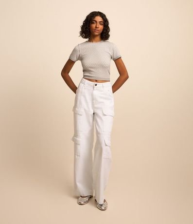 Pantalón Wide Leg Cintura Alta en Sarga con Bolsillos Cargo