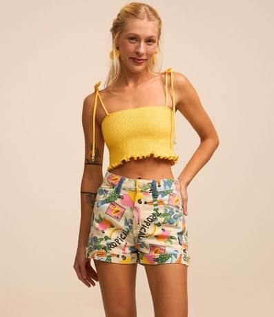 Short Tiro Alto en Jeans con Estampa Tropical 2