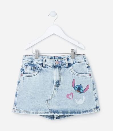 Short Pollera Infantil en Jeans con Estampa de Stitch - Talle 5 a 14 años