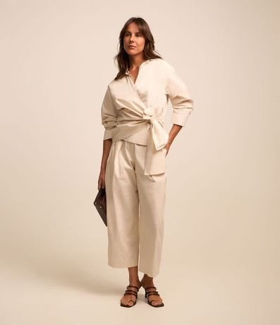 Camisa en Tricolina con Pliegue en la Manga 3/4 y Lazo 4