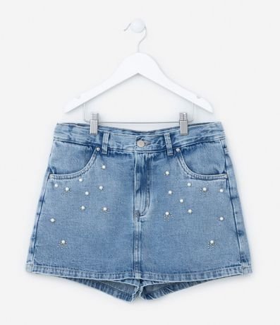 Short Pollera Infantil en Jeans con Aplicación de Perlas - Talle 5 a 14 años