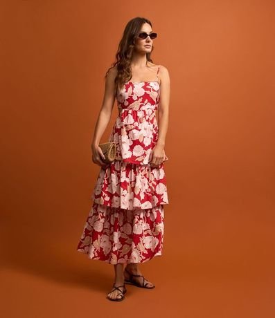 Vestido Evasé Long Midi en Tricolina con Volados y Estampa Floral