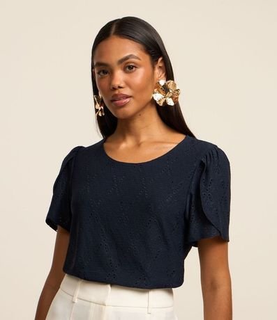 Blusa en Laise con Manga Abullonada y Detalle Sobrepuesto 1