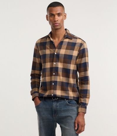 Camisa Comfort en Algodón con Estampado de Cuadros y Mangas Largas