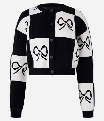 Cardigan Corto en Punto con Bloques de Color y Estampa de Lazos