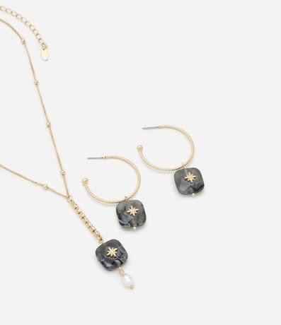 Conjunto de Collar Corbata y Caravana con Colgante con Strass y Resina