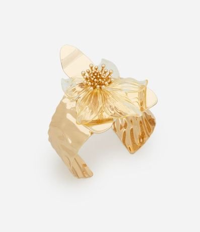Pulsera Rígida con Martillado y Flor con Pétalos de Metal