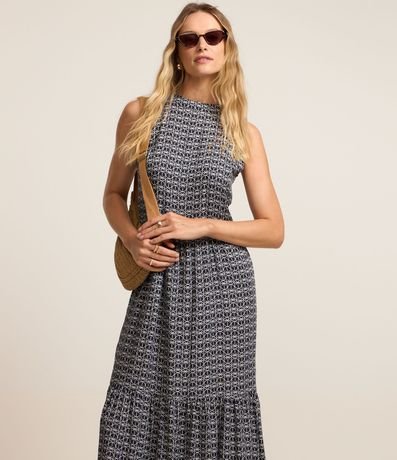 Vestido Midi Evasê en Viscosa con Cuello Alto Estampa de Cocoteros y Babados en el Bajo