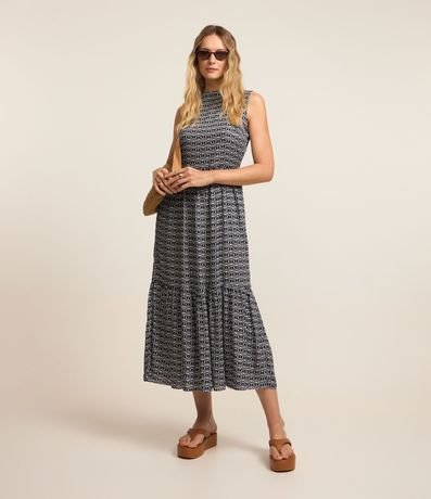 Vestido Midi Evasê en Viscosa con Cuello Alto Estampa de Cocoteros y Babados en el Bajo 2