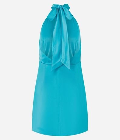 Vestido Corto en Satén con Escote Halter y Superposición 5