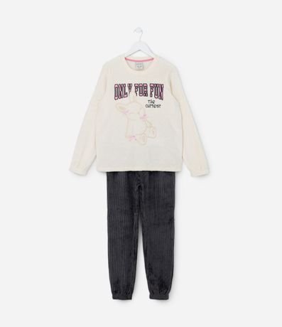 Pijama Largo Infanril en Fleece con Bordado de Coneja y Lacitos - Talle 5 a 14 años