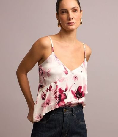 Blusa en Viscosa Satinada con Volado y Flores Estampadas