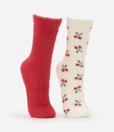Kit 02 Medias Caña Larga con Pelitos y Estampa de Cerezas Rojo/Off White 2