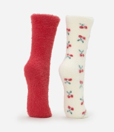 Kit 02 Medias Caña Larga con Pelitos y Estampa de Cerezas Rojo/Off White 3