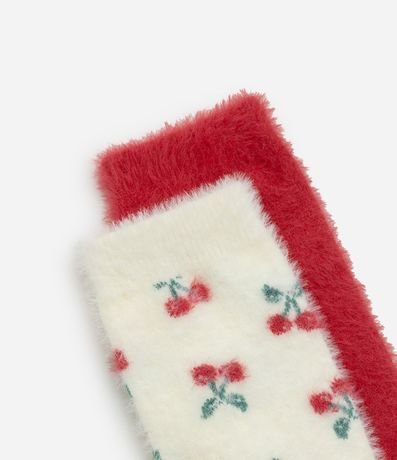 Kit 02 Medias Caña Larga con Pelitos y Estampa de Cerezas Rojo/Off White 4