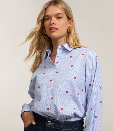 Camisa Alargada en Tricolina con Bordado con Rayas y Corazoncitos 1