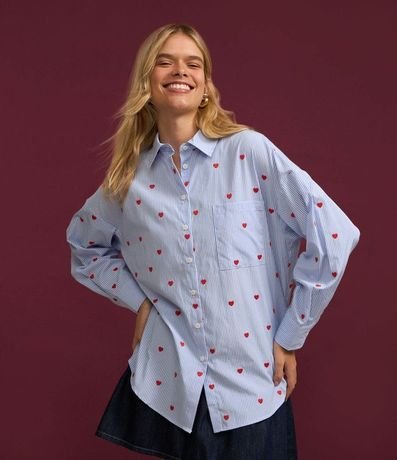 Camisa Alargada en Tricolina con Bordado con Rayas y Corazoncitos 4